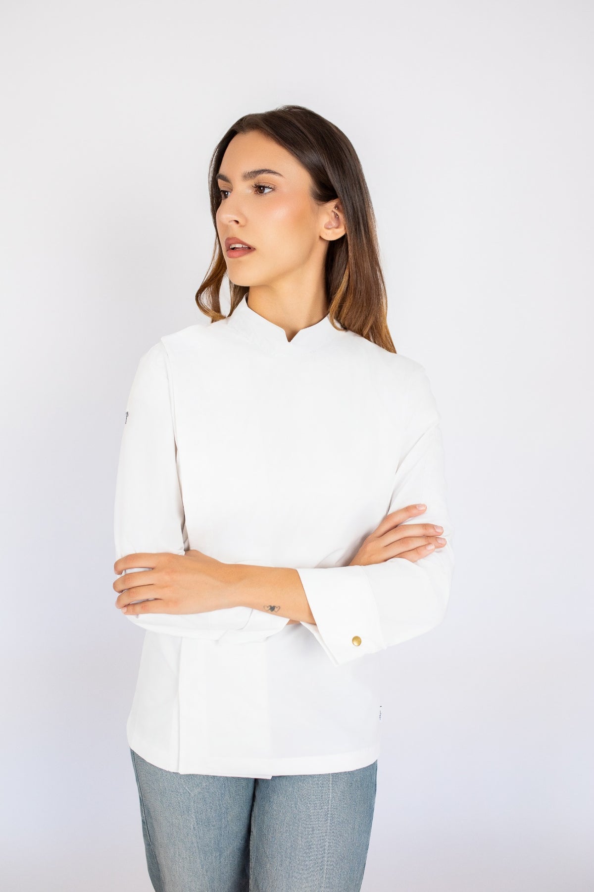 Chaqueta de cocina Bronx blanca en modelo