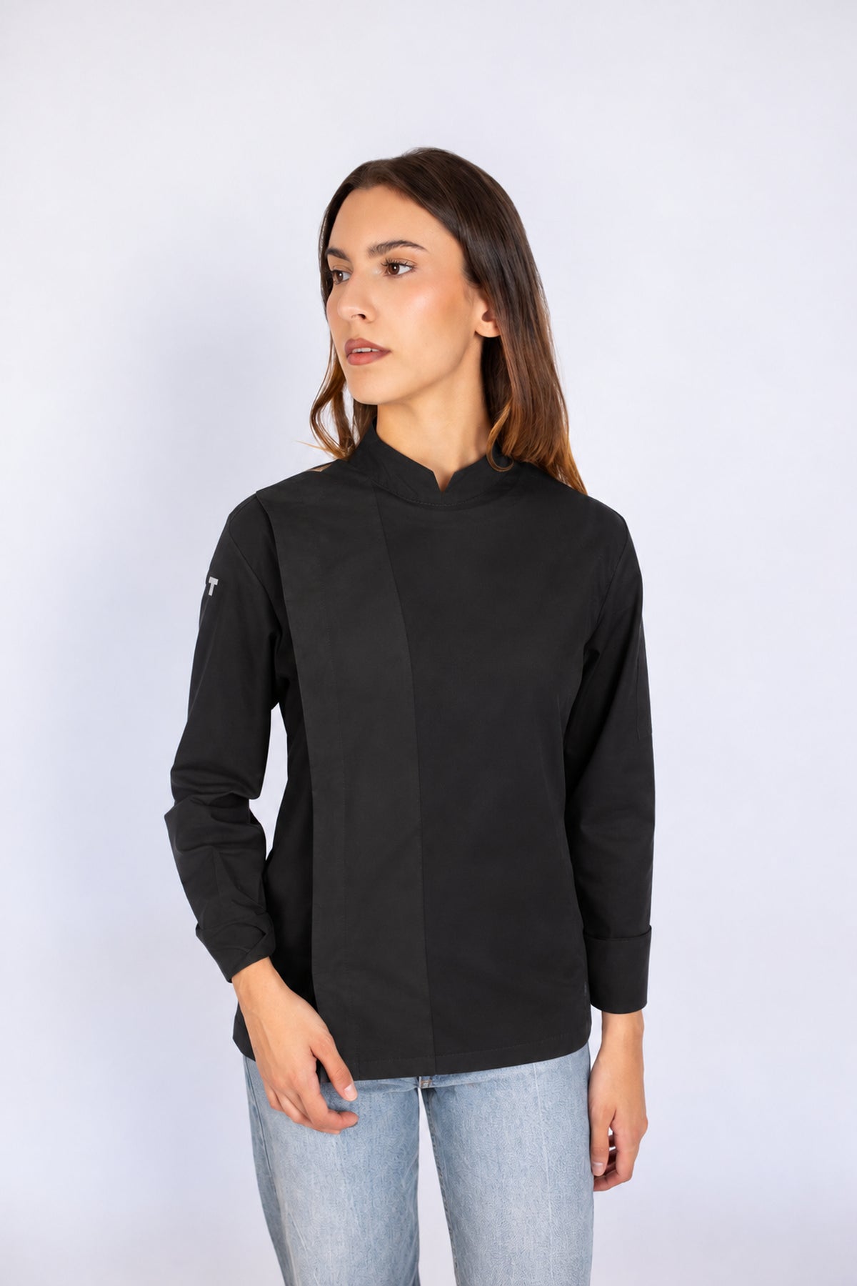 Chaqueta de cocina Bronx negra vista de tres cuartos